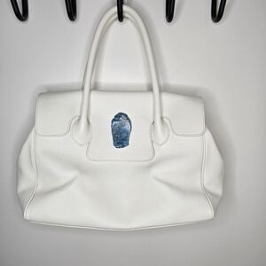 Uno Alla Volta Ivory Florentine Leather Tote With Blue Apatite Accent NWOT